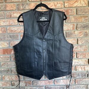 Vintage JH Design Leather Gilet‎ L 90s Biker Vest Black Snap Button Tassel